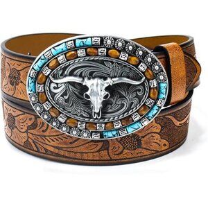 Western Cowboy Cowgirl Leather Belts - Women Men Turquoise Embossed Waist